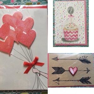 3 Greeting Cards Handmade Blank Envelopes Glitter Balloons Ribbon Cupcake Arrows
